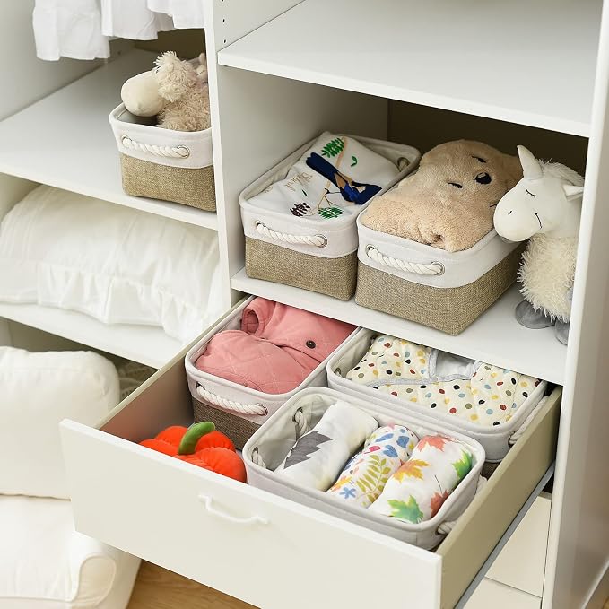 Storage Basket for Shelves - 12x8x5.2 inch Small 6 Pack Collapsible Storage Bin for Closet with Handles, Fabric Storage Cubes for Cloth Organizer Gift Toy Decorative (White & Khaki)