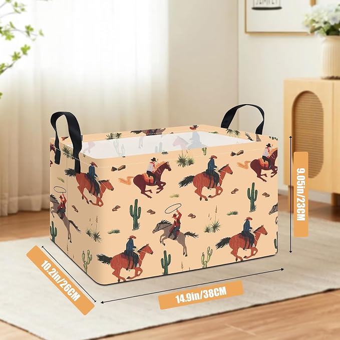 Rectangular Collapsible Storage Basket Nursery Toy Organizer Cactus Cowboy | Storage Bin Foldable Canvas with Handles for Organizing Home Kitchen Children Toys Office Closet Shelf Baskets