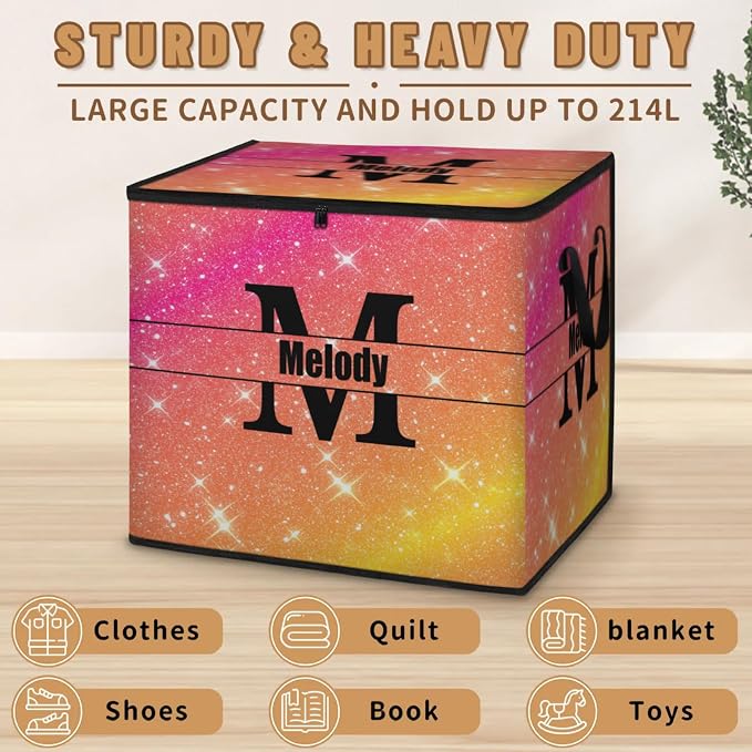 Custom Storage Baskets Cubes for Home with Name, Initial letter Large Foldable Organizer Storage Bins for Home Blanket Comforters Clothes Closet Nursery, Pink Yellow Orange Bling Shiny Stars