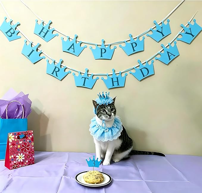 Cat Princess Costumes Cat Crown Hat & Lace Bandana Scarf Set, Puppy Party Hat for Small Dogs & Cats, Lace Outfit for Cats and Small Dogs Birthday Party (Blue)