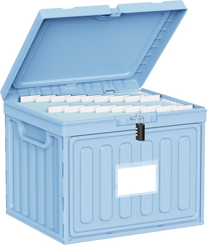 Oterri Lockable Stackable Plastic File Box with Lid for Letter-Size | Hanging File Folders Not Included. Blue, Large 1-Pack. Home, Office, Classroom, Dorm, Tax, Under Bed, Filing Cabinet.