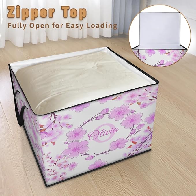 Personalized Extra Large Storage Bins with Lid, Customized Name Jumbo Storage Basket Clothes Organizer for Organizing Kids and Pets Toys Shelf Closet, Violet Pink Cherry Blossom Floral