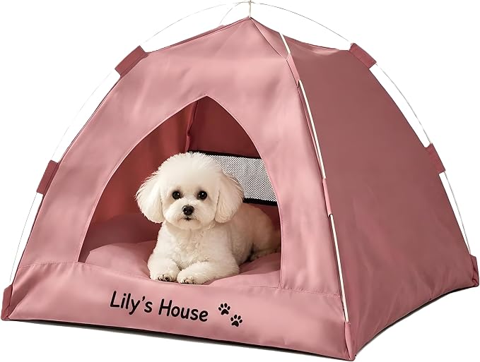 Personalized Dog Cat Pet Tent for Indoor with Name & Paw Print Multicolor (Pink)