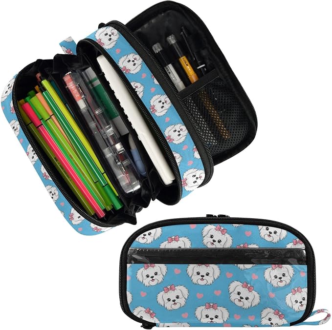 Cute Pets Dog Blue print Large Capacity Pencil Case with Zipper Water Resistant Portable Organizer Pen Bag for Office Students School