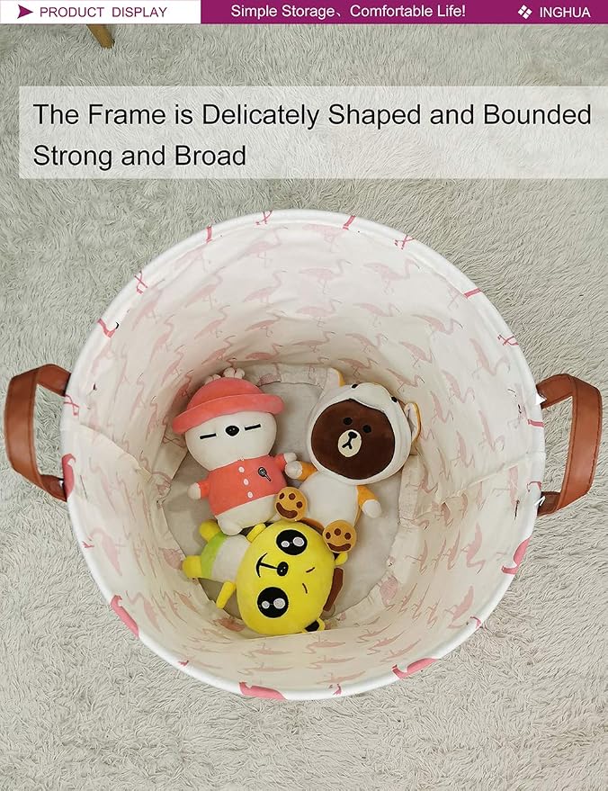 Flamingo Laundry Hamper Large Canvas Fabric Storage Basket | Organizer Bin Dirty Clothes Collapsible Waterproof for College Dorms, Boys and Girls Bedroom,Bathroom