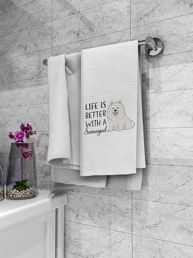 Dibor Life is Better with A Samoyed Kitchen Towels Dish Towels Dishcloth,Cute Poodle Puppy Dog Absorbent Drying Cloth Hand Towels Tea Towels for Bathroom Kitchen,Dog Lovers Girls Women Gifts