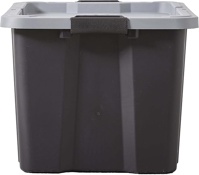 27 Gallon Heavy Duty Plastic Storage Bin With Latch Lid, Black Base & Gray Stackable Lockable Container With Ergonomic Handles For Garage Basement Shed Indoor & Outdoor Gear Organizer