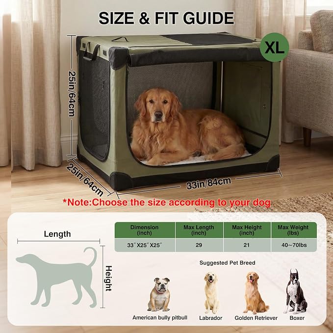 33 x 25 x 25 Inch Collapsible Soft Dog Crate for Dogs Up to 70 lbs, Portable Travel Pet Kennel with 4 Zip Doors, Foldable Indoor Outdoor Crate with Mat, Carry Bag, Green