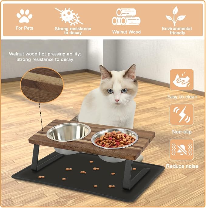 Aivituvin Elevated Dog Bowls, 15°Tilted Raised Cat Food Bowl, Walnut Wood Water Stand Feeder Set for Cats and Puppy, Pet Bowls with Anti Slip Mat(Small)