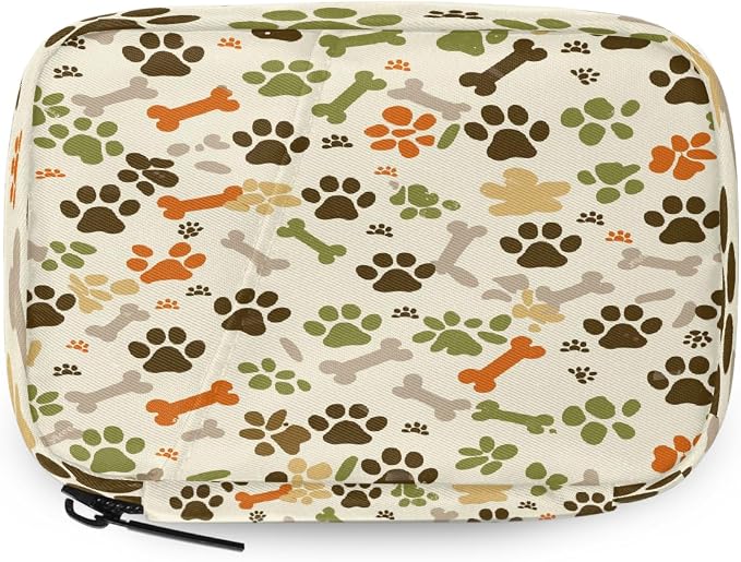 Weekly Pill Organizer Travel Size Bag with Removable 7 Day Pill Box Portable Vitamin Case Purse with Zipper,Beige Camo Pet Paws Bones