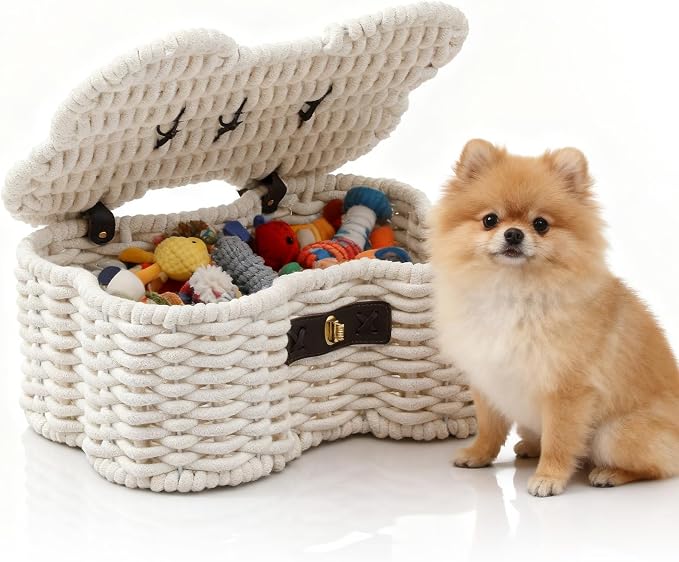 Dog Toys Basket, Cotton Rope Bin Bone Shaped Pet Toys Organizer, Handmade Pet Toy Bin, Woven Baskets for Storage, 14.96" x 11.22" x 6.5"inch
