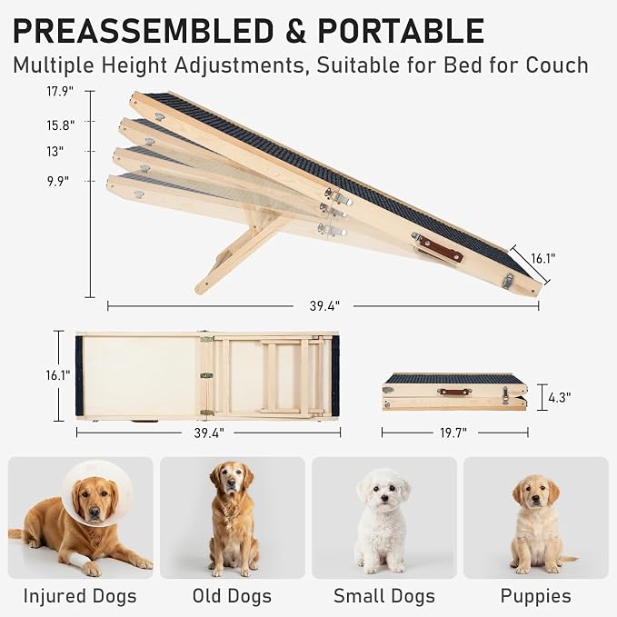Wooden Dog Ramp for Couch High Bed, Non Slip Pet Ramps for Small Dogs and Cat with 4 Adjustable Height from 9.84'' to 17.91'', Portable 40'' Long Foldable Ramp for Dogs to Get on Bed Car