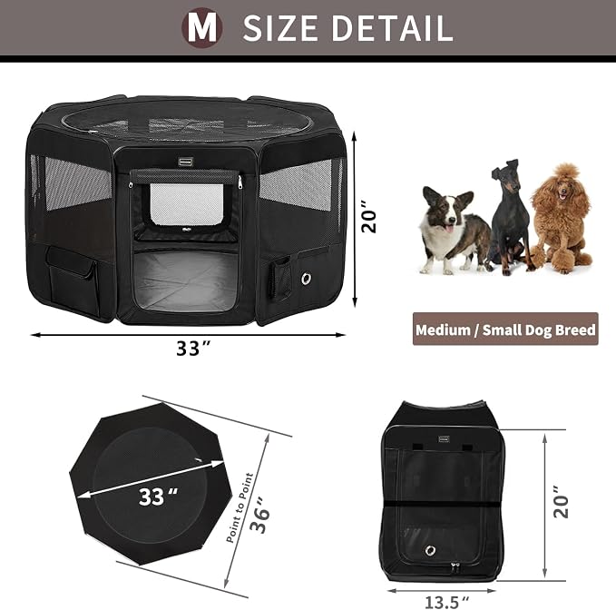 Dog Playpen Portable Pet Play Pens for Small Dog/Cat/Rabbit/Chicks, Cat Playpen Indoor/Outdoor with Carring Case, Removable Zipper Top and Bottom (Black, Medium (36"x36"x20"), 8)