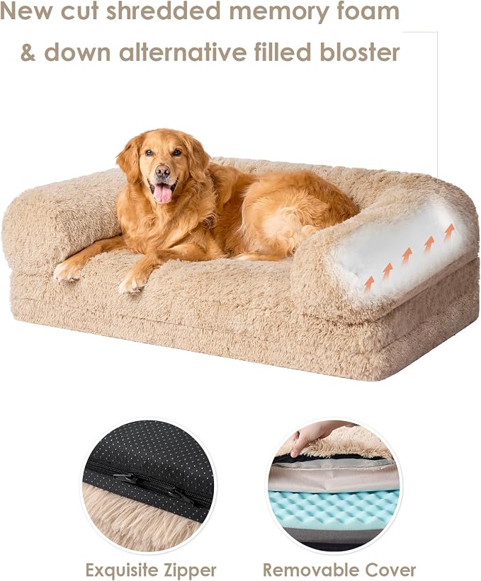 EHEYCIGA Orthopedic Foldable Human Dog Bed - 72x44x11, Camel | Memory Foam Human Sized Dog Bed, Waterproof Pet Bed for People, Faux Fur Pet Couch for Adult with Non-Slip Bottom