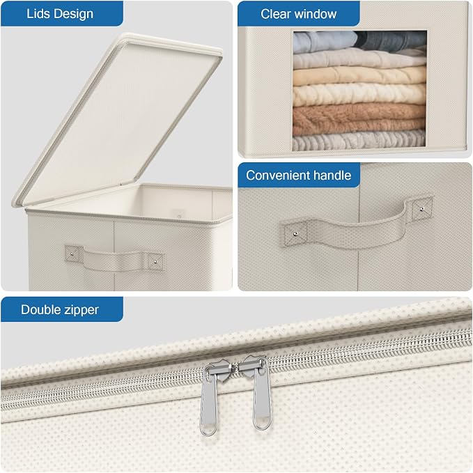 Zilink Fabric Storage Bins with Lid Sweater Closet Organizer, Beige,4 Pack | Stackable, Smooth Zipper, Clear Window, Cloth Storage Bins, Closet Organizers and Storage Box for Home, Office, Bedroom