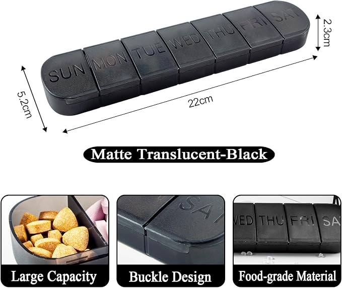 Pill Organizer Large, Travel Weekly 7-Day Vitamins Case Dispenser | Matte Black, Medicine Pill Box Holder Container for Medication, Meds and Minerals, Supplements, Fish Oil, Capsules, Tablet