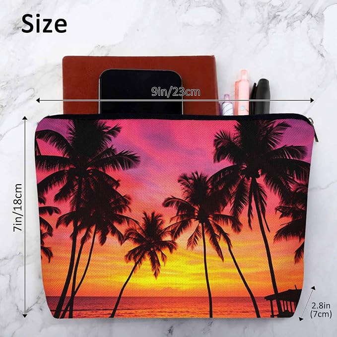 Tropical Beach Makeup Bags Makeup Organizer, Hawaii Ocean Beach Palm Trees Sunset Flax Toiletry Bags Travel Cosmetic Bag Makeup Purse Pouch Skincare Bag Wallet Bags For Women Female Mom