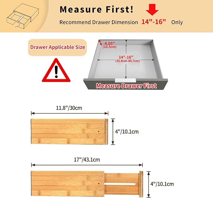 Utoplike Bamboo Drawer Organizer, 4" H Dresser Drawers Dividers for Clothes | Adjustable Drawers Organizers for Clothing, Silverware, in Kitchen, Bathroom, Bedroom Drawer, Fit 14"-16" Drawers
