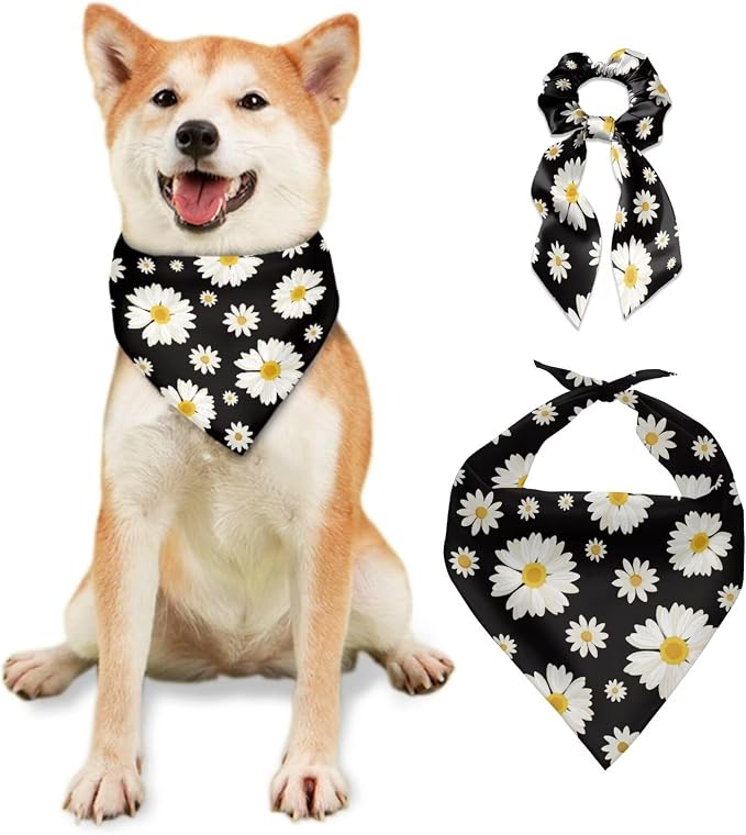 COEQINE Daisy Black Dog Bandnas 2 Pack Mother Day Dog Bandana and Bow Hair Tie Holder Set/Triangle Reversible Bibs Breed for Puppy Pets Birthday Christmas