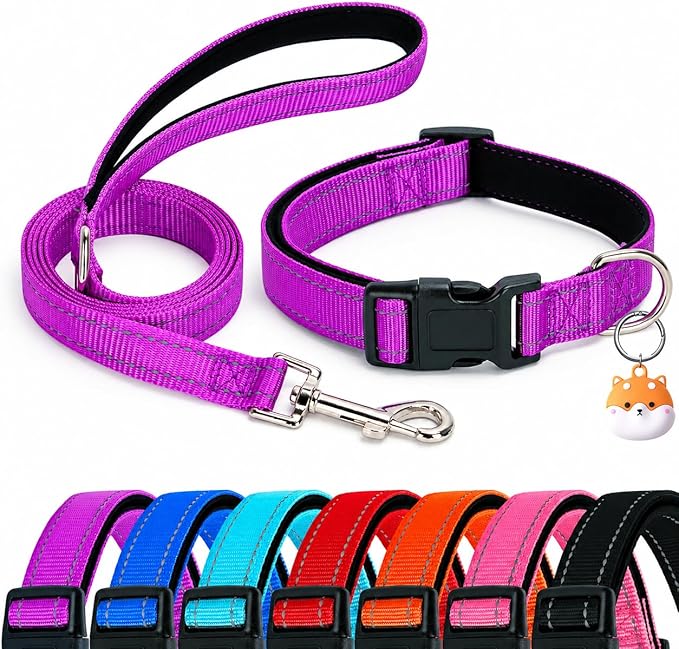 Reflective Soft Neoprene Padded Matching Dog Collar with Leash Airtag Holder Case Set Safety Breathable Adjustable Nylon Dog Collars for X-Small Small Medium Large Dogs-Purple-XS