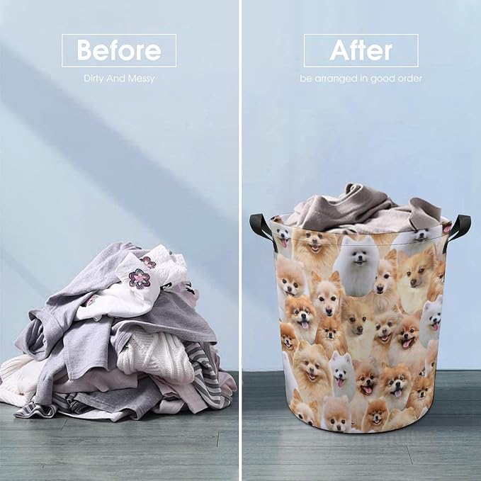 Large Laundry Hamper for Pomeranian Lover, Cute Pomeranian Dog Print Laundry Basket, Collapsible Storage Bin, Waterproof Organizer for Bedroom Bathroom, Gifts for Pomeranian Mom Dog Owner