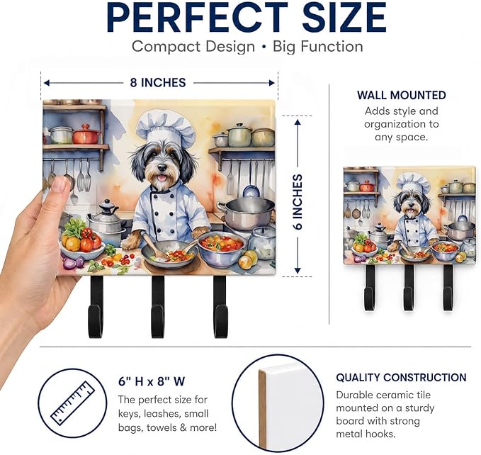 Caroline's Treasures Tibetan Terrier The Chef Leash or Key Holder Wall Hooks, Key Hooks Holder, Coat Rack Wall Mount, Coat Hooks, Hooks for Hanging Keys, Towels, Aprons, Leashes | Tibetan Terrier The Chef artwork on ceramic tile with three steel hooks ...