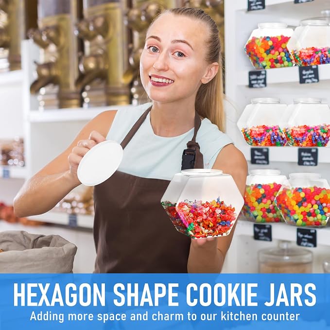 Uiifan Plastic Candy Jar with Lid Clear Hexagonal Fish Bowls,70 Oz | Clear Cookie Jar Desk Pet Display, Dog Food Craft Supplies Coffee Pod Storage, Wide Mouth Easy Access Organizer