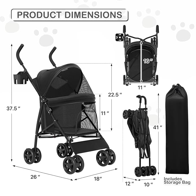 MoNiBloom Pet Stroller for Small/Medium Dogs and Cats up to 22 lbs, Black | Foladble 4 Wheels Easy-Fold Puppy Cage Jogger Stroller with Sun Cover, Pad and Rear Storage Bag, Breathable and Visible Mesh