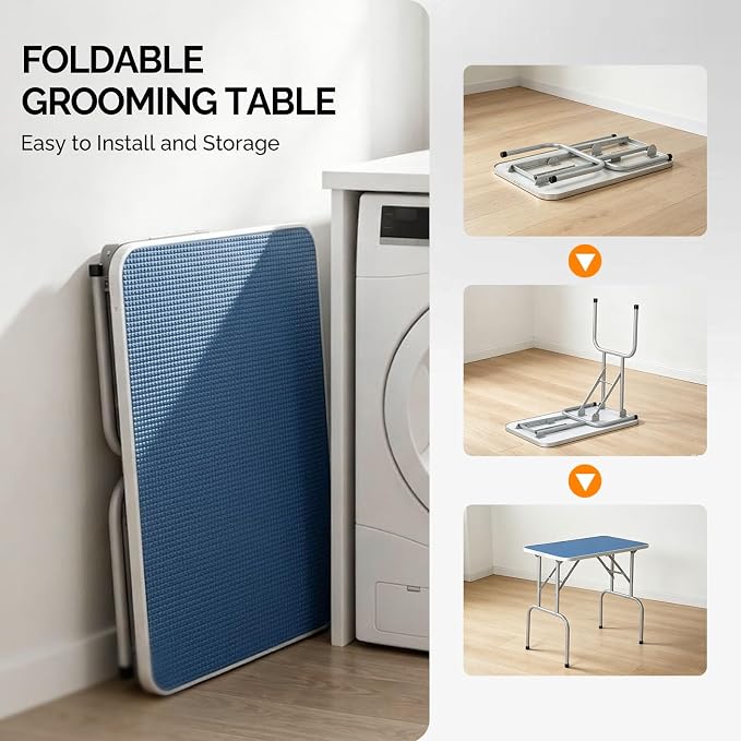 VINGLI Dog Grooming Table, Adjustable Cat Grooming Desktop with Arms and Storage Basket, Pet Grooming Stand at Home (Blue, 32 inch)