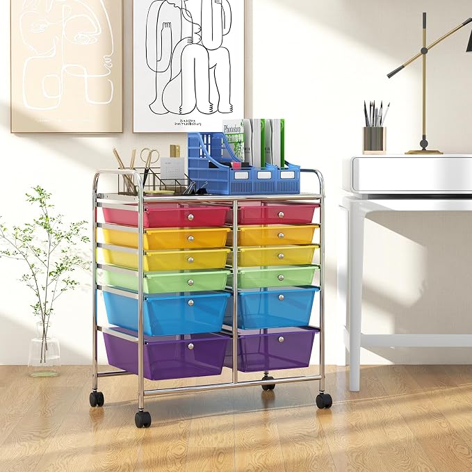 12 Drawer Rolling Storage Cart, Art Cart Organizer on Wheels, Mobile Utility Cart with Drawers, Multipurpose Craft Drawers for Home Office School Classroom (Rainbow)