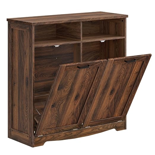 HOOBRO Double Tilt Out Trash Can Cabinet, 20 Gallon Kitchen Trash Bin Cabinet, Hidden Trash Storage with Open Compartments, Hidden Laundry Hamper, for Kitchen, Laundry, Walnut WL04LJ01