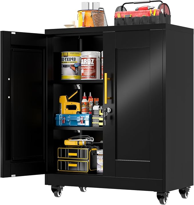 GAIOUS 35'' Tall Metal Storage Cabinet with Lock and Wheels, Steel Office Cabinet with 2 Door and 2 Adjustable Shelves, Lockable File Cabinet, Garage Cabinet, Rolling Cabinet for Home Office, Black