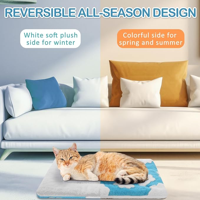 2 Pack Self Warming Cat Mat Self Heating Pad Bed Reversible Machine Washable Reflects Body Heat Warm Thermal Pet Pad Crate Blanket for Feral and Indoor Cat (Blue, White,21" X 14",Clouds)