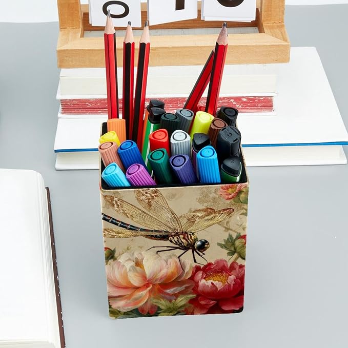 Retro Dragonfly Pen Holder for Desk Decor, Rectangular PVC Leather Pencil Cup for Desk Pen Organizer, Makeup Brush Holder for School, Home, Office