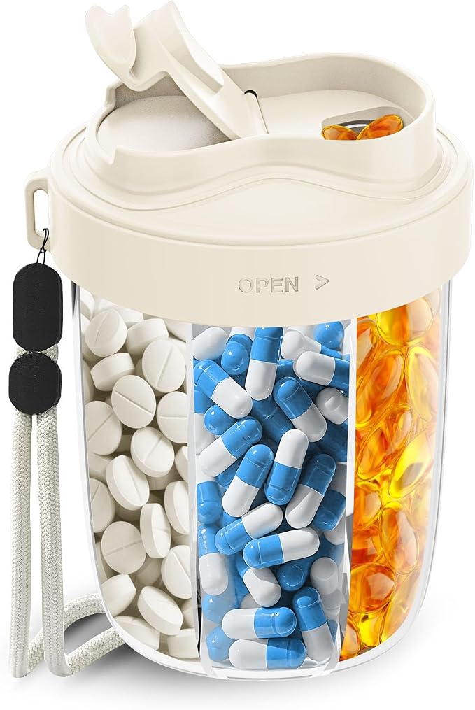 Large Pill Dispenser to Store 7 Various Supplements - Pill Organizer & Supplement Organizer for Travel, Anti-Mixing Design, with Strap & 20 Sticky Labels （Off-White）