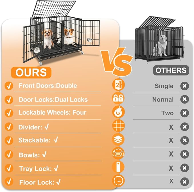 Homey Pet Taller 43" Heavy Duty Double Dog Crates with Divider & Dual Door | Drop Cage for Dogs with Lockable Wheels, Bowls, Removable Tray, Top Access, Ideal for Small to Medium & Large Dogs, Breeders