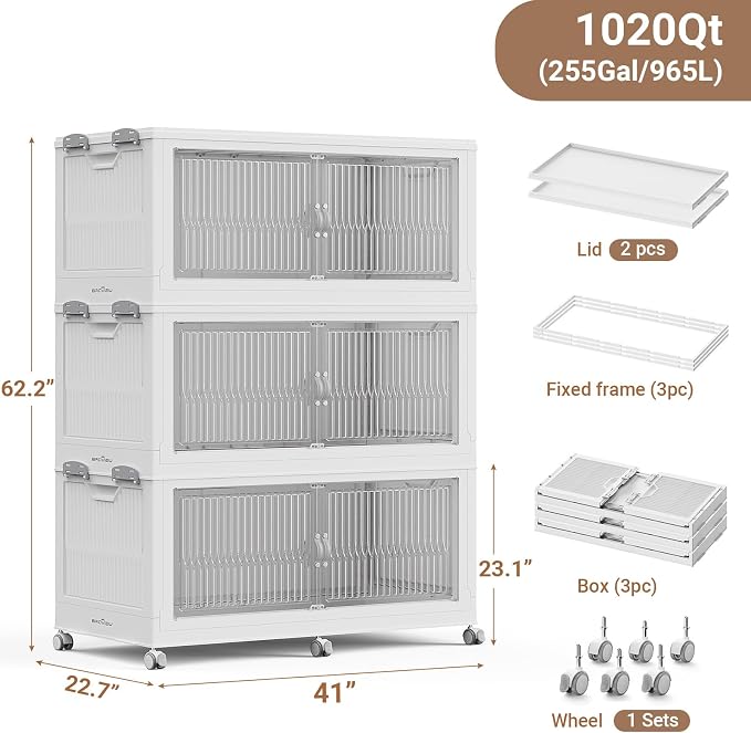 BROVIEW 1020QT Extra Large Stackable Storage Bins with Lid, 3Pack White | 255Gal Plastic Collapsible Cabinets Containers, Wheels & PET Doors, Foldable Closet Organizers Drawers for Office, Dorm