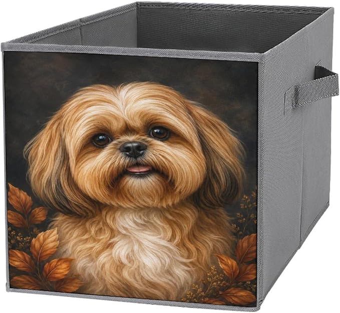 Shih Tzu Dog Portrait Autumn Leaves Storage Bin with Handles, Oxford Fabric Foldable Storage Cube Organizer for Clothes, Towels, Bedroom, Living Room, Home Organization