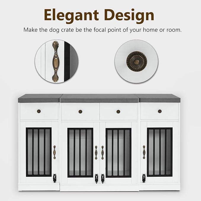 MCombo 55.5" Wooden Dog Crate Furniture with 4 Drawers 1872 White and Grey | 4 Lockable Doors, Indoor as TV Stand, For Medium/Large Dogs, Elegant Handles Design