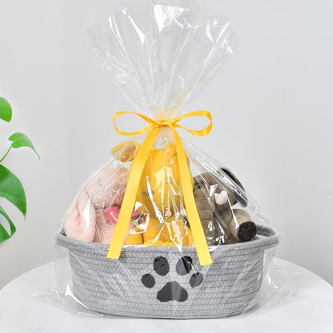 ABenkle Small Woven Basket with Handle, Cute Dog Paw Baskets for Gifts Empty, Decorative Rope Woven Storage Dog Toy Basket, Nursery Baskets for Baby Shower, 12" x 8" x 5"