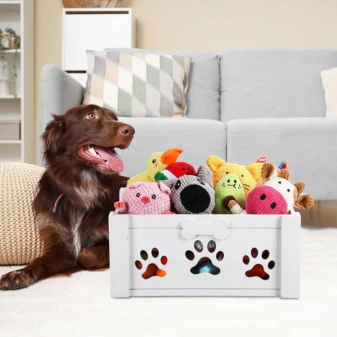 Briwooody 3 Pack Dog Toy Bin Wood Large Dog Toy Basket with Handle and Bone Tags Multi-size Hollow Claw White Wooden Storage Crates for Chew Pets Blankets Food Leash Display Accessories