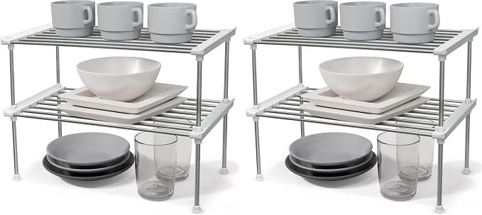 Cabinet Organizer Shelf, Set of 2 Stackable Kitchen Counter Shelves, Kitchen Cabinet Organizers and Storage, Pantry Storage Shelf Organizer, 15.7 x 7.8 x 6.1 - White (Pack of 2)