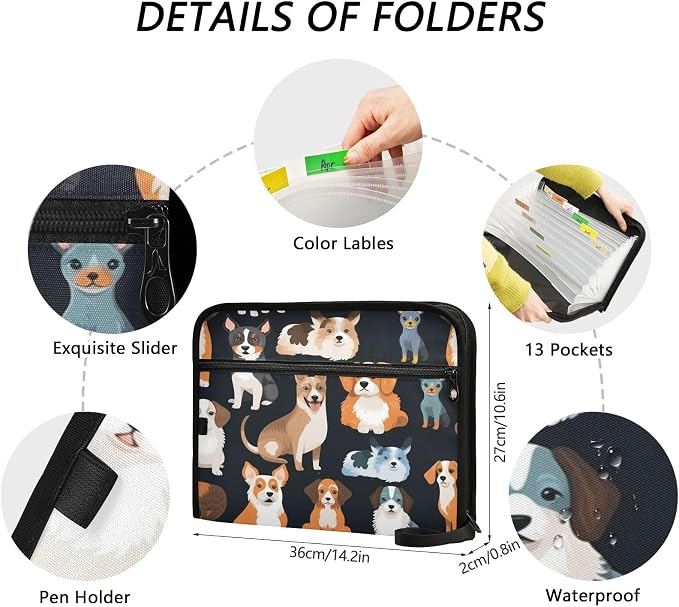 Animal Dog 13 Pocket File Organizer Expanding File Folder with Front Pouch Portable Business Fire Storage Document Organizer Folder with Zipper