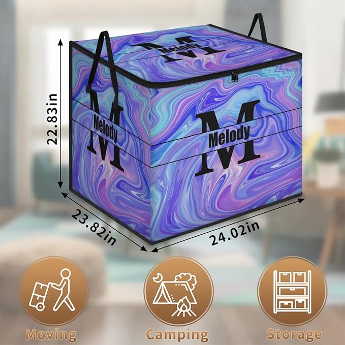 Personalized Storage Bins with Lid, Customized Name Initial Letter Jumbo Storage Basket Rectangle Clothes Organizer for Organizing Kids and Pets Toys Shelf Closet, Abstract Purple Pattern