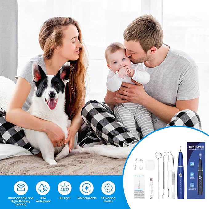 AMIR Ultrasonic Pet Plaque Remover, Electric Teeth Cleaning Kit for Dogs & Cats with 5 Modes, LED Light, IPX6 Waterproof, USB Rechargeable Toothbrush Cleaner for Dogs Cats (Blue)