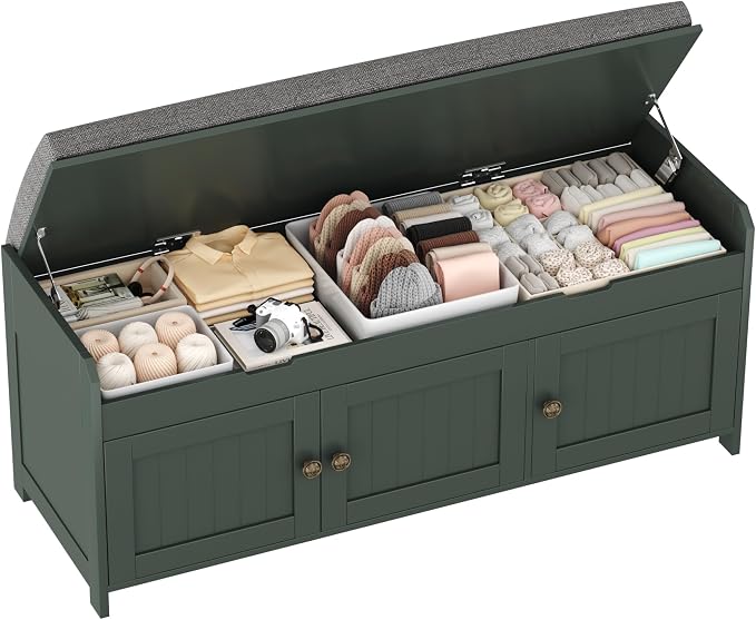 HOMEFORT 41.3" Shoe Bench with Lift Top Storage, Entryway Bench with Cushioned Seat, Wooden End of Bed Bench, Shoe Cabinet Bench with Hidden Storage Space, for Bedroom, Hallway,Green