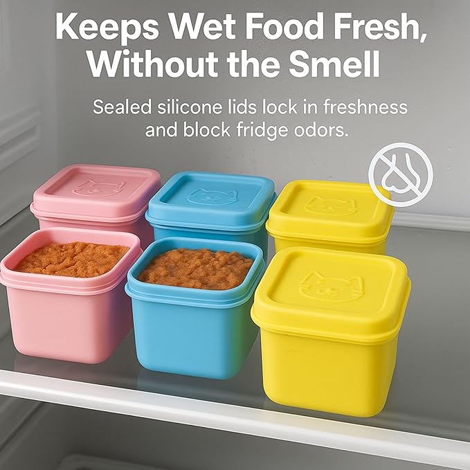 2ME Cat and Dog Food Storage Containers with Lids, 6-Pack 100% Silicone 4oz Each, with Dual-Ended Scoop – Keeps Wet Can Food Fresh, Odor-Resistant,Freezer, Microwave & Dishwasher Safe