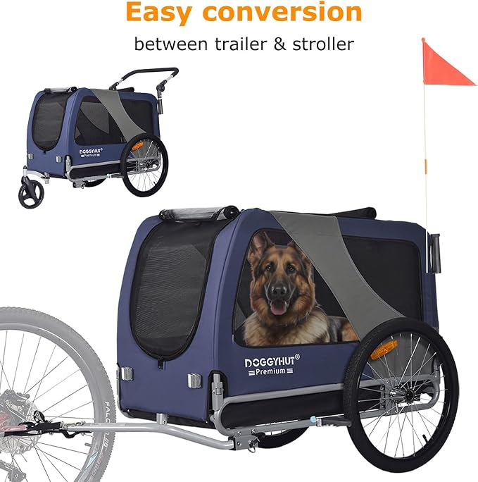 DOGGYHUT® Premium X Large Pet Bike Trailer & Stroller Up to 100 lbs (Blue) | Bicycle Trailer for Small Medium or Large Dogs, Dog Bicycle Carrier, Low Center of Gravity, Folding Frame Cart