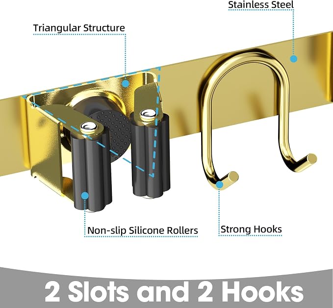 Broom Holder Wall Mount, 2-Pack Stainless Steel Mop and Broom Organizer, Broom Hanger with 2 Slots 2 Hooks for Home Kitchen, Garage, Garden and Laundry Room, Gold