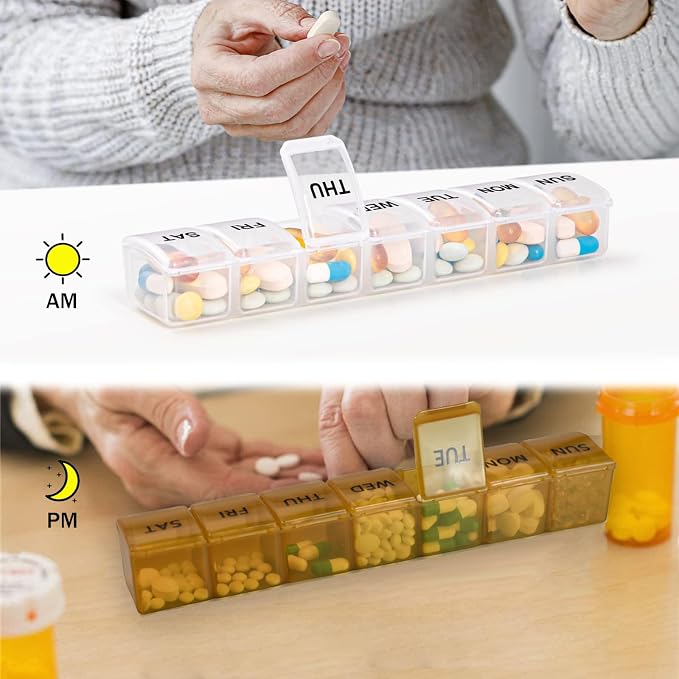 2 Pack Weekly Pill Organizer, Large 7 Day Travel Pill Case (White & Khaki) | Daily Vitamin Case Medicine Box, AM/PM Pill Containers Twice a Day for Medicine Supplements Fish Oil, Portable & Durable